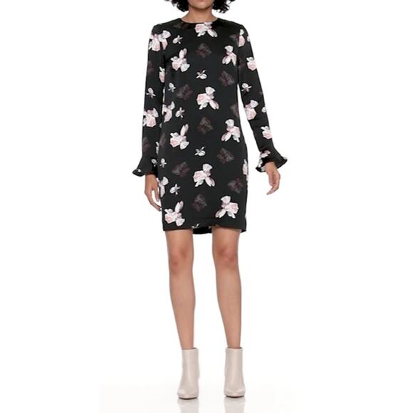 Banana Republic Floral Ruffle Cuff Long Sleeve Mini Dress Womens 0 Black White - Picture 1 of 8